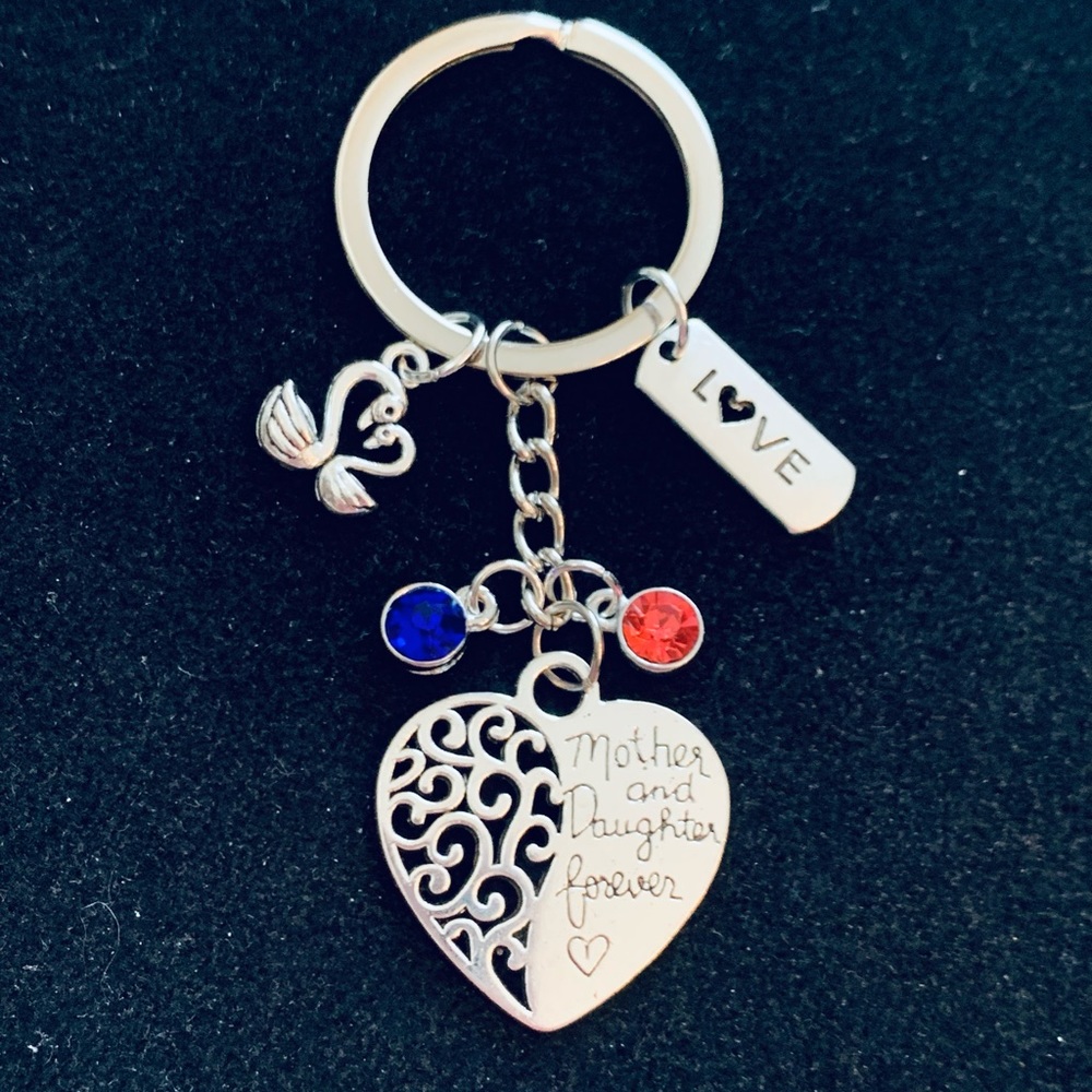 “Mother and Daughter Forever ❤️” keychain personalized with birthstone charms